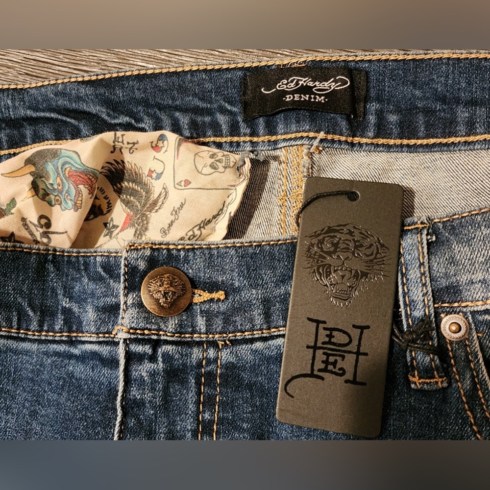 ED HARDY Men's Distressed Embroidered Tiger Head Skinny Jeans sz 40 - Picture 10 of 13